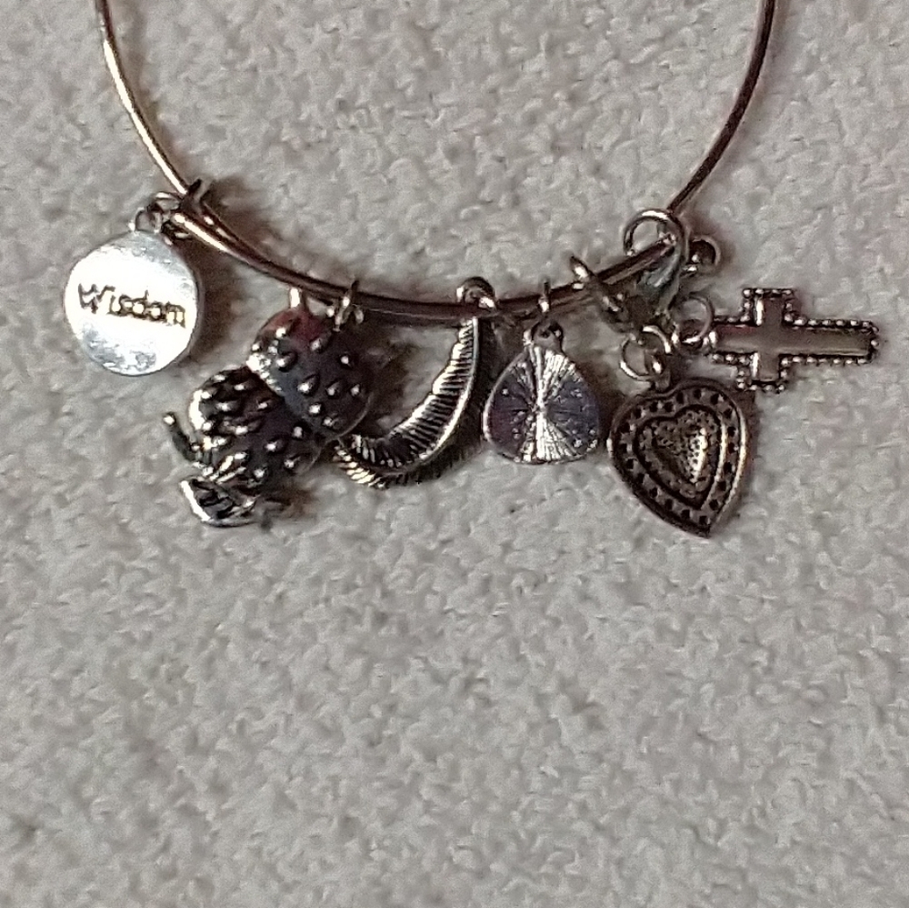 Silvertone wisdom owl feather leaf heart faux turquoise cross wire charm bracele
